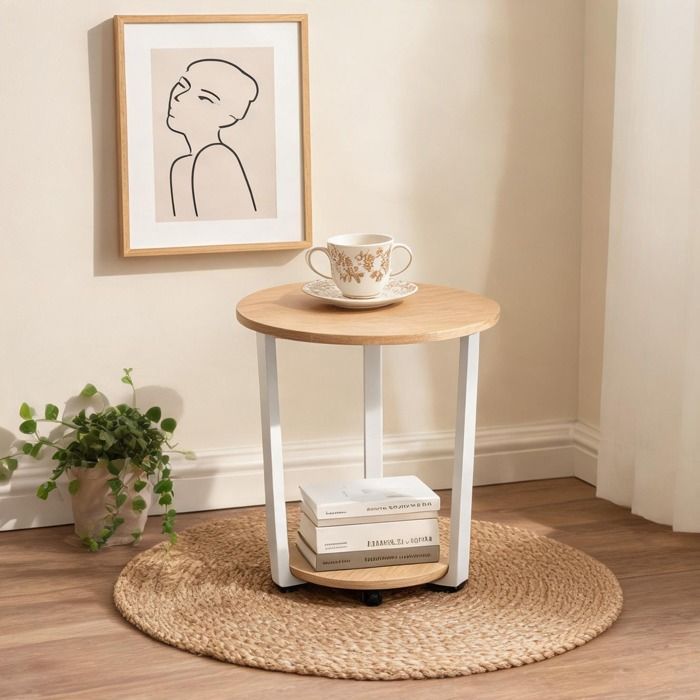 Table dappoint ronde avec 2 étagères en bois clair et métal blanc design vintage pour salon ou chambre