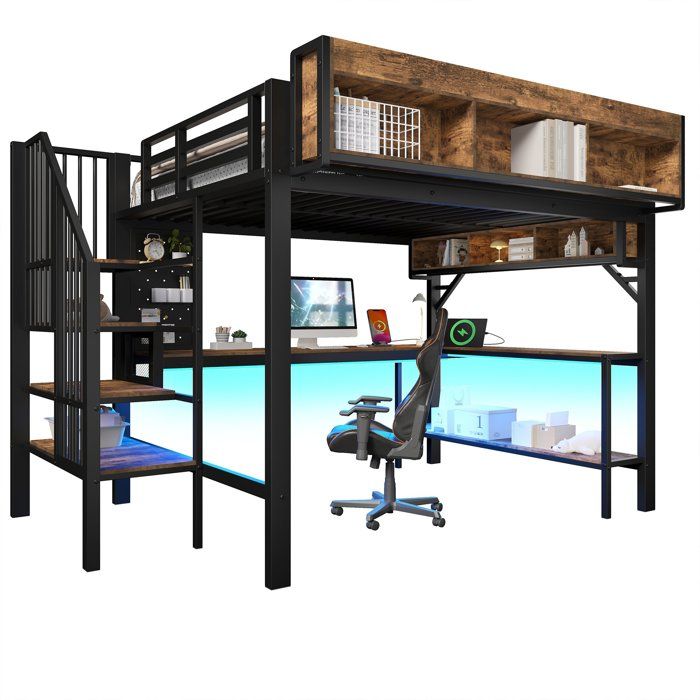 Lit superposé bureau dangle rangements éclairage LED marron foncé 255 x 164 x 182 cm (matelas non compris)