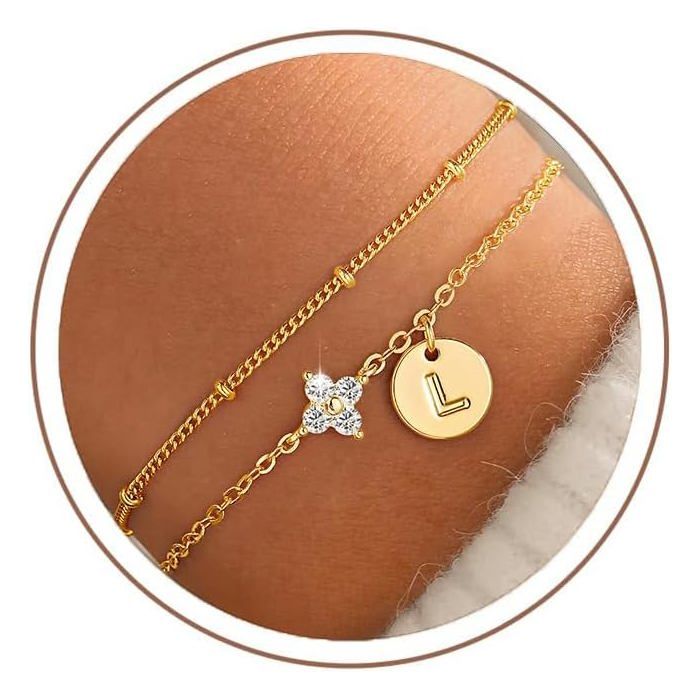 Bracelet Pour Femme-Plaqué Or 14 Carats-Lettres-Trèfle À Quatre Feuilles-Cadeau De Noël Personnalisé-Cadeau De Noël Pour Fem[PP32]