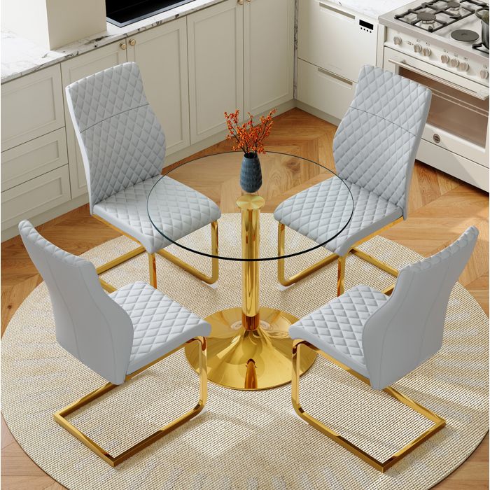 Ensemble table à manger ronde 85 cm avec 4 chaises verre trempé transparent PU gris clair et métal doré