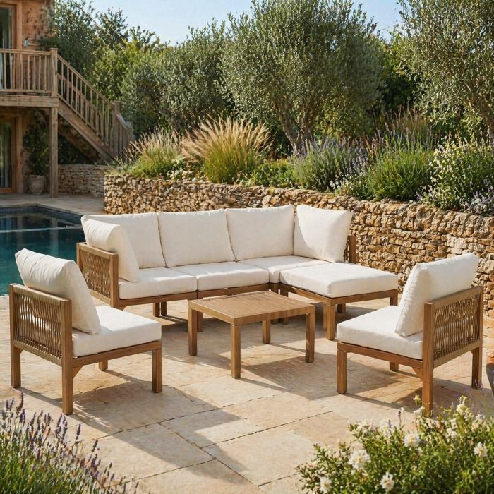 Salon de jardin modulable 6 places beige avec structure aspect bois canapé dangle convertible ottoman et table basse