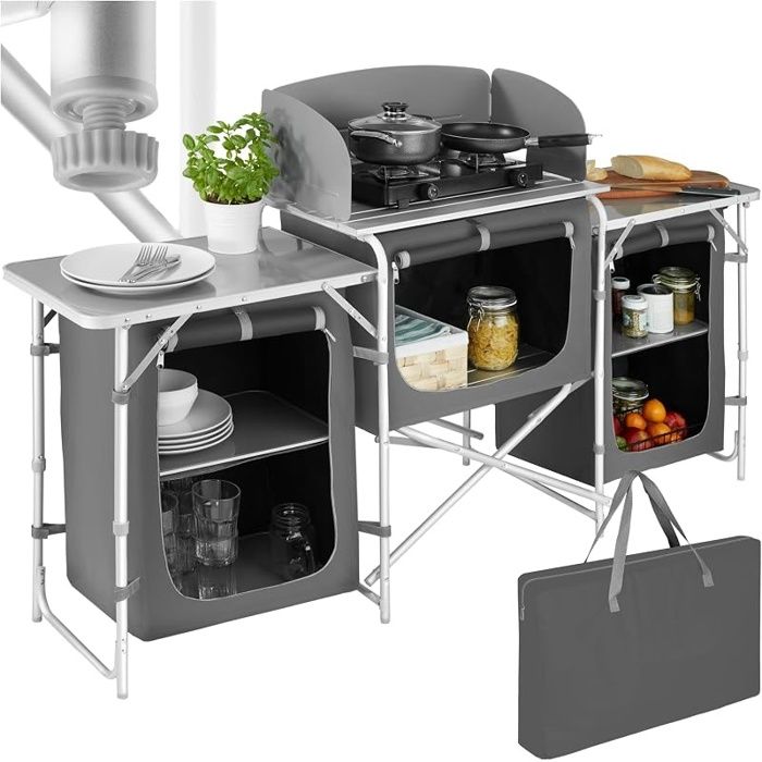 Meuble de Rangement Cuisine de Camping Pliable en Aluminium avec ÉtagèresPlan de TravailPieds réglablesSac de Transport Inclus