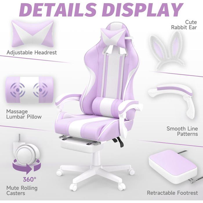 Taktack Chaise Gaming Kawaii avec Oreilles de Lapin Repose-Pieds Coussin Lombaire Massant Dossier 90°–135 Violet clair