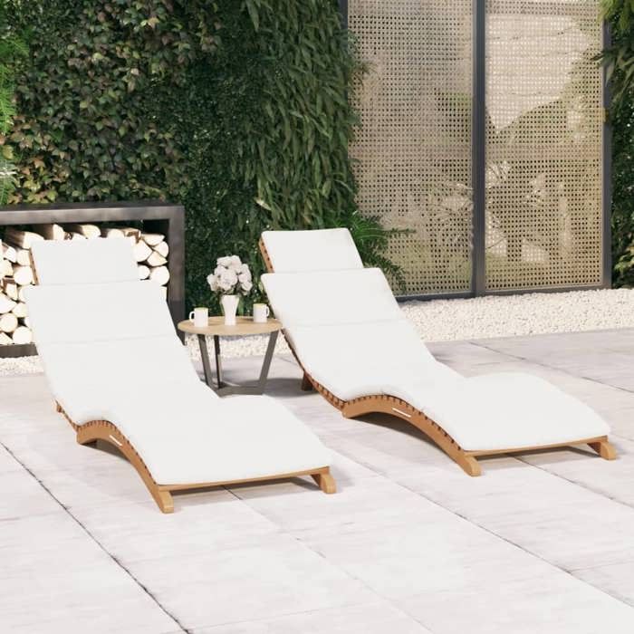 Chaises Longues Lot de 2 avec Coussins Blanc Crème 175 x 50 x 55 cm en bois dur de teck finement poncé avec format pliable 129159
