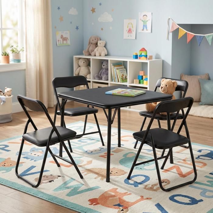 Set Table et Chaises Enfant Pliable – 5 Pièces avec Coussin Rembourré – Parfait pour Salle de Jeux Chambre et Nursery-Noir