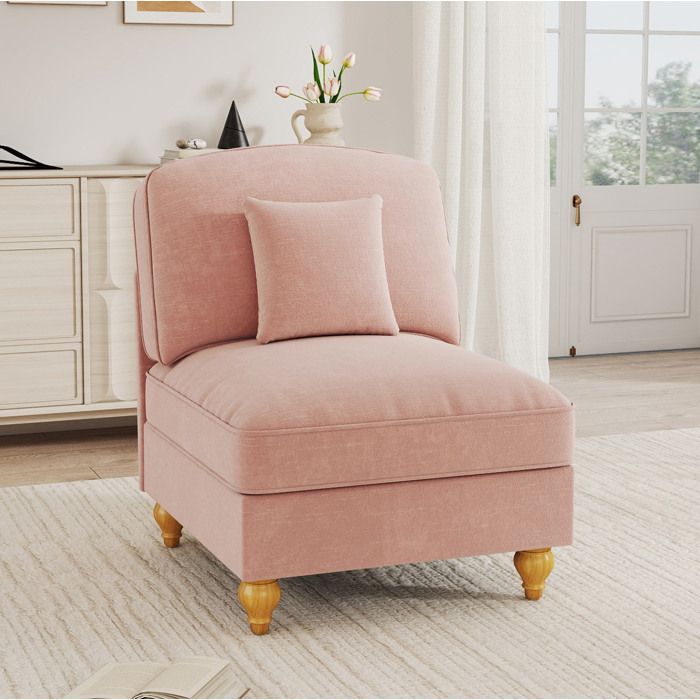 Fauteuil 1 place sans accoudoirs avec coussin - MEUNIQ - dossier haut chenille pieds en bois rose
