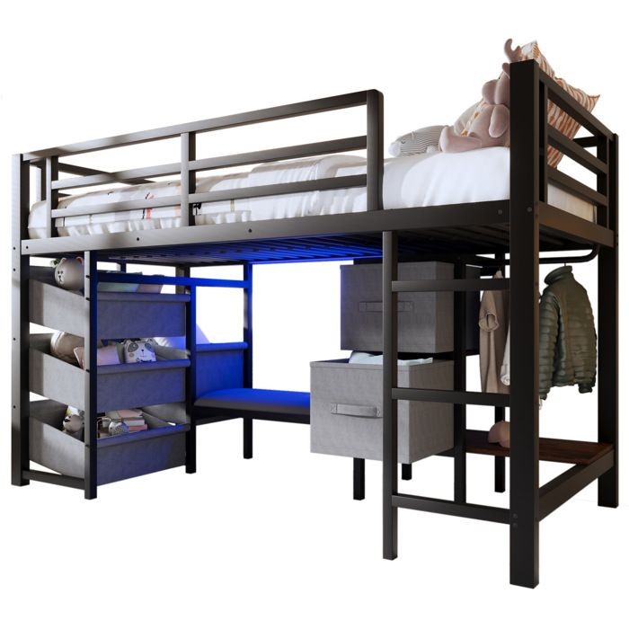 lit combiné SENVIRO mi-hauteur 90 x 200 cm en métal noir avec coussin LED multicolore rangements en tissu