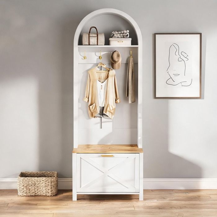 Armoire vestiaire d’entrée 195 cm en MDF blanc et bois avec penderie niche à chaussures et patères aluminium