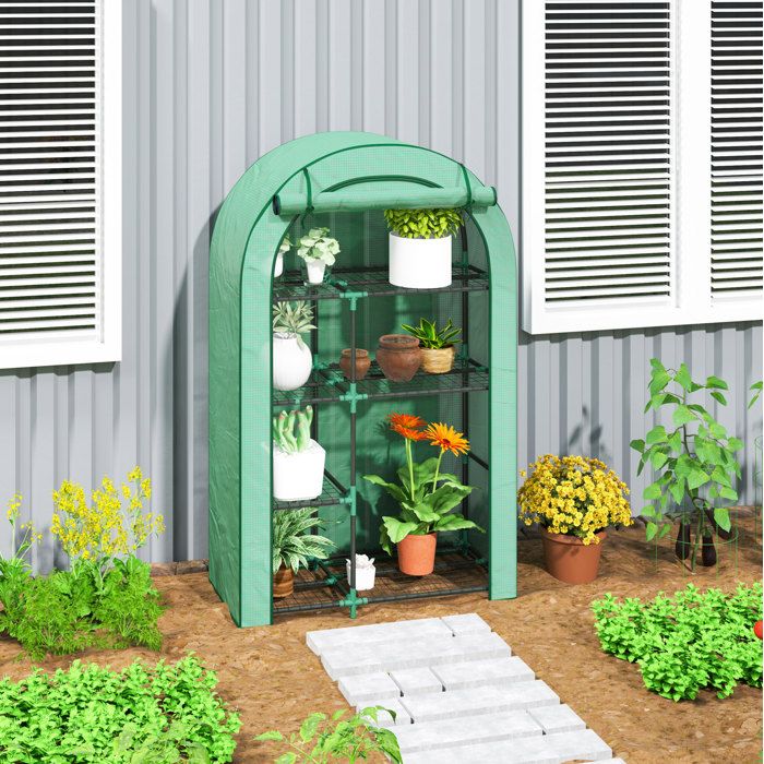 Serre de jardin compacte serre à tomates toit arrondi porte enroulable 7 étagères acier vert 100 x 45 x 160 cm JOINERY