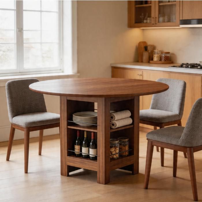 COVREO Table à manger ronde Ø100 cm avec rangements ouverts MDF aspect noyer 4 à 6 personnes