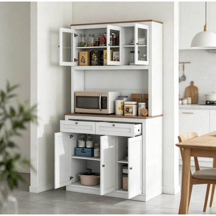 WUVRIE Buffet de cuisine blanc et décor chêne 6 portes 2 tiroirs 100 x 40 x 180 cm