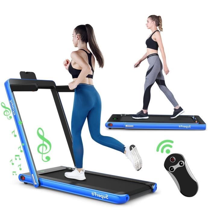 GYMAX Tapis de Course Pliable avec Télécommande & Écran LED, 1-12 KM/H, Grande Surface de Gourse, Jusqu'à 120 KG, Contrôle APP, Bleu