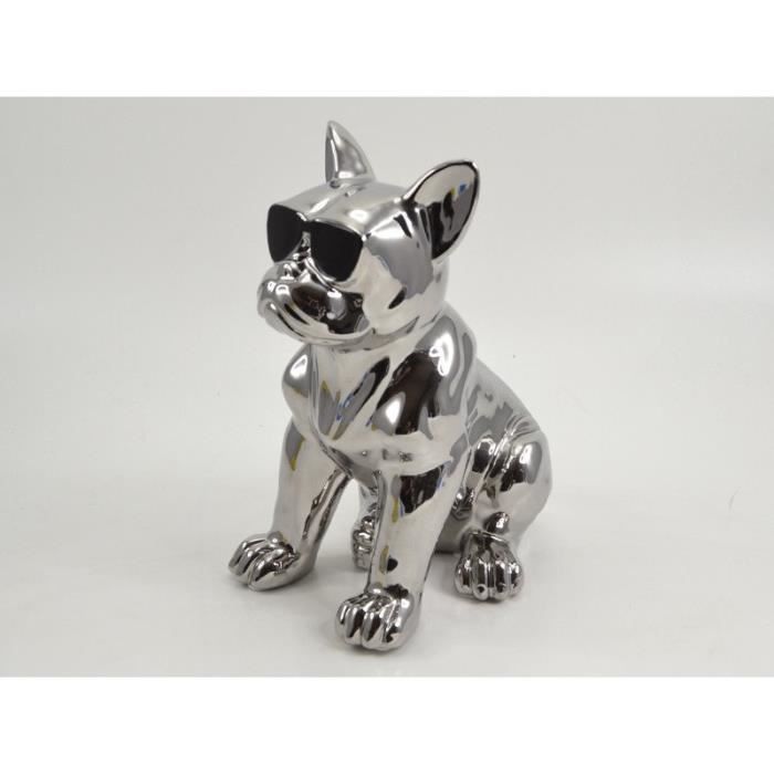 hauteur 30 cm Grande statue de Bouledogue Français en céramique argentée