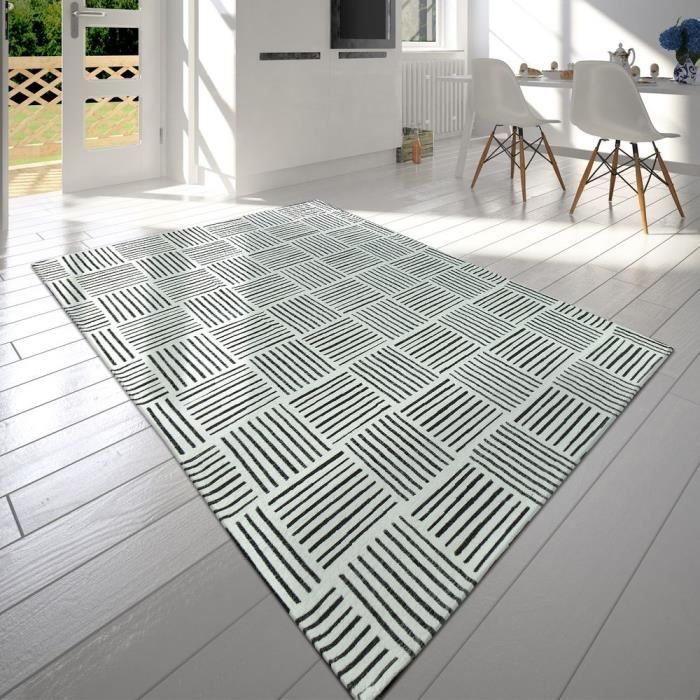 moderne poils ras salon tapis carreaux design lignes chine en noir blanc 80x150 cm achat vente tapis cdiscount