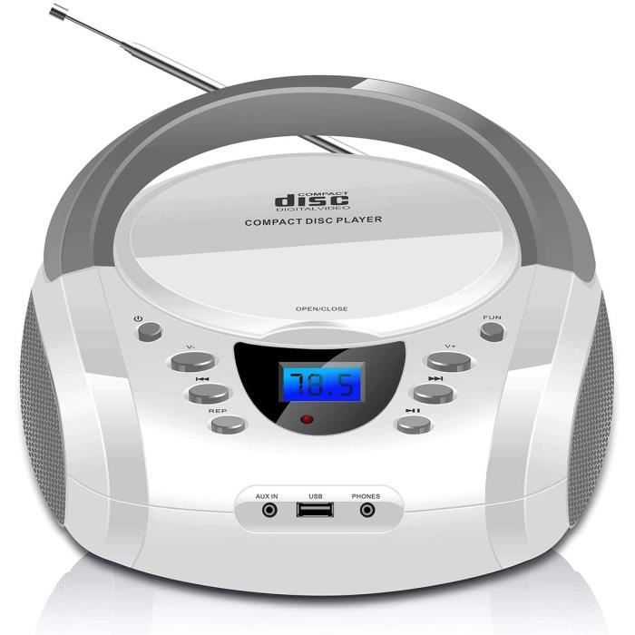 HiFi Stéréo Haut-parleurs Lecteur CD Portable Bluetooth Boombox connectivité Radio FM USB Blanc Sortie Casque AUX