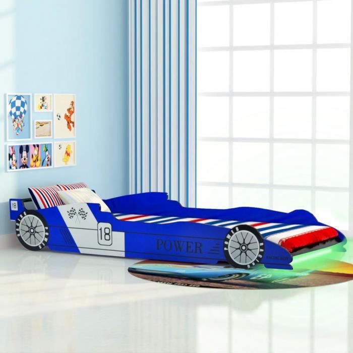 Lit voiture de course pour enfants XUSHPC - Bleu - 90 x 200 cm - Bande LED