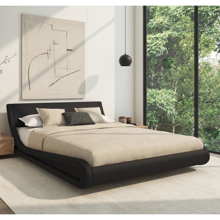 Lit Double - ALESSIA - 135x190cm - Noir - Bois et simili cuir Lit Double - ALESSIA - 135x190cm - Noir - Bois et simili cuir
