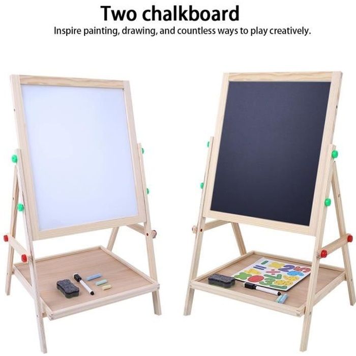 Tableau Chevalet Multifonctions, 2 en 1 en bois Double Face Planche à Dessin d'Art pour Enfant sur Pied- Tableau Blanc et Tab HB010