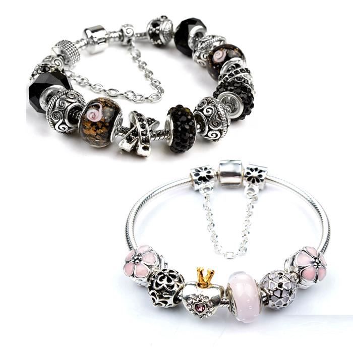 lot de 2 bracelet fantaisie avec breloques strasse cristal et perles de verre fleur style chic et moderne