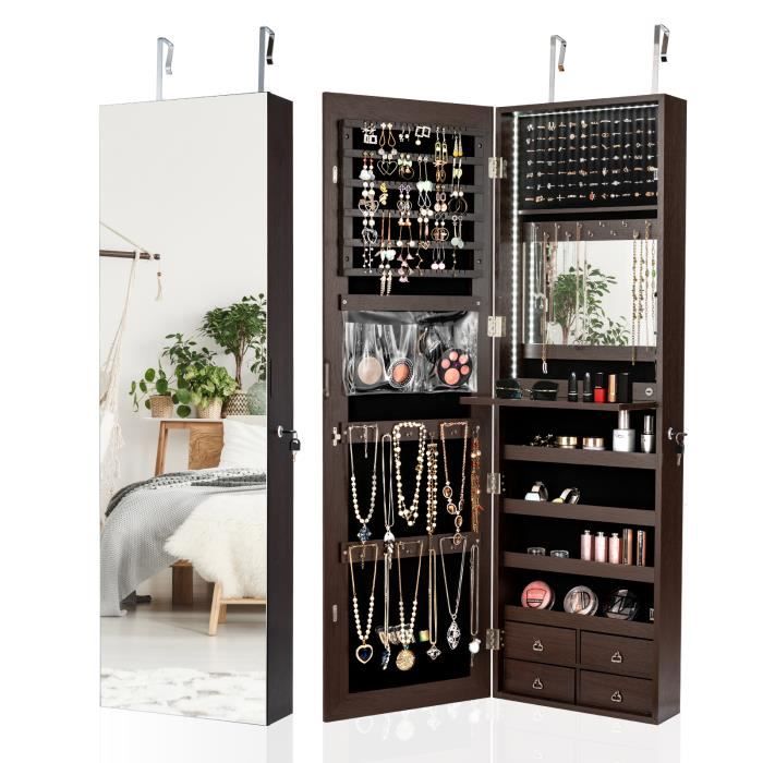 COSTWAY Armoire à Bijoux Murale/à Suspendre avec Lumières LED 4 Tiroirs