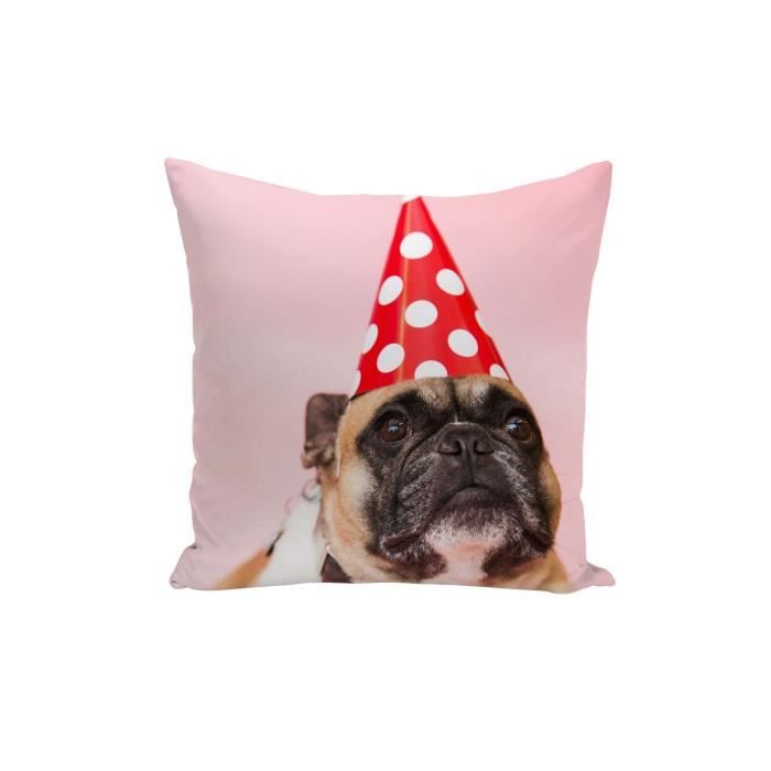 Housse de Coussin - FABULOUS - Petit Chien Carlin - 40x40cm - Blanc et Bruns - Chapeau Rouge