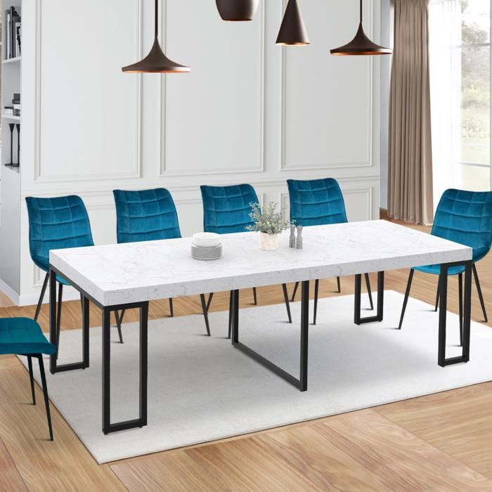 IDMARKET Table console extensible 10 personnes 235 cm plateau effet marbre blanc ALASKA
