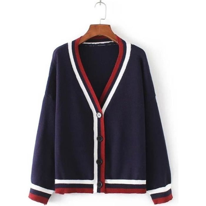 Bleu Marin Gilet Femme Manches Longue Maille Douce Et Chaude Col V Profond Fermeture A Bouton Rayure Jointif Taille Unique Achat Vente Gilet Cardigan Cdiscount