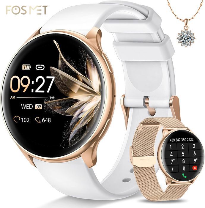 FOSMET Montre Connectée Femme avec Appel Bluetooth 1.32 Smartwatch Femme avec 120+ Sport SpO2/Étanche/Sommeil/Android iOS Or Blan