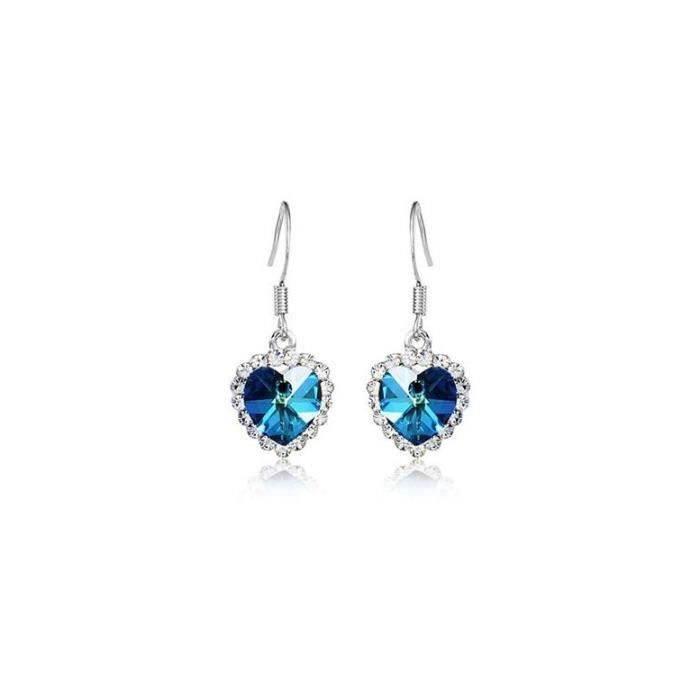 LCC®Boucles d'oreilles élégantes pendantes coeur de l'océan Argent avec cristal bleu swarovski Autrichien diamants Rhinestone