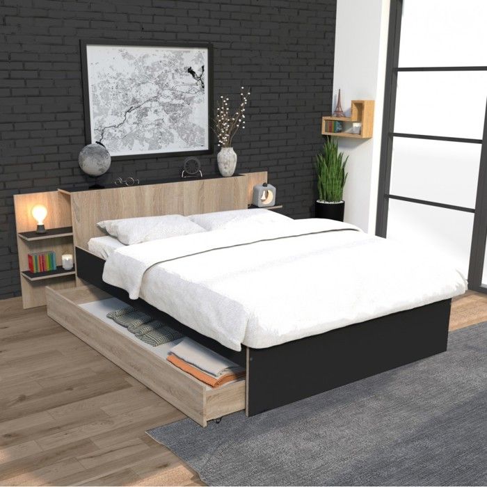 Lit Coffre WEBER INDUSTRIES Parma 90x190cm Beige - Avec Sommier Lattes, Tête Capitonnée, Grand Coffre 417L, Sans Matelas, Pour Petits Espaces