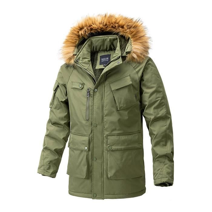 Parka Homme Mi Longues Epais Chaude Double Polaire A Capuche