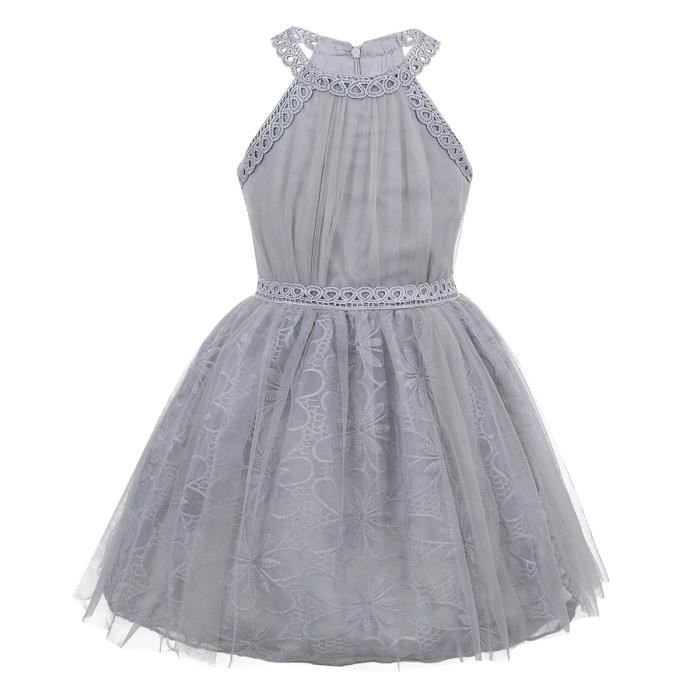 Robe Fille Cérémonie Courte Robe De Mariage Dentelle Princesse Robe Demoiselle Dhonneur Enfant 2 10 Ans Gris