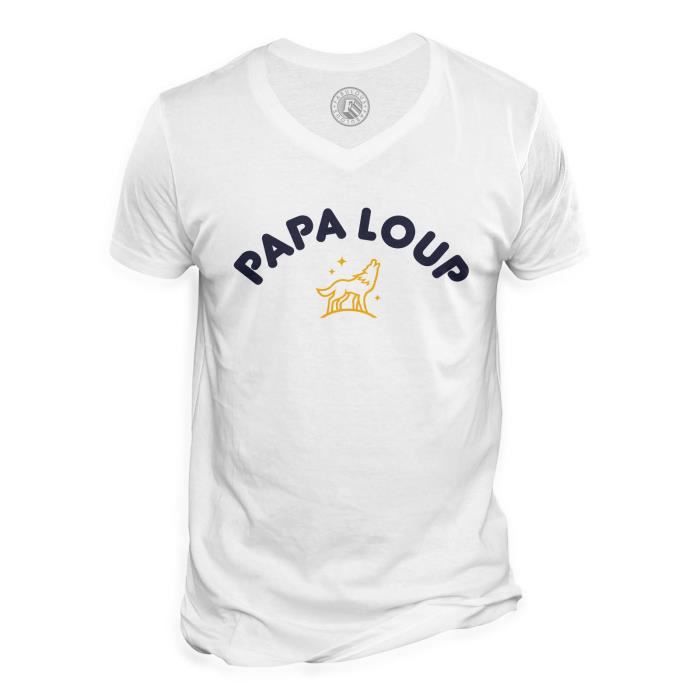 T shirt Homme Col V Papa Loup Famille Mignon Animal Blanc