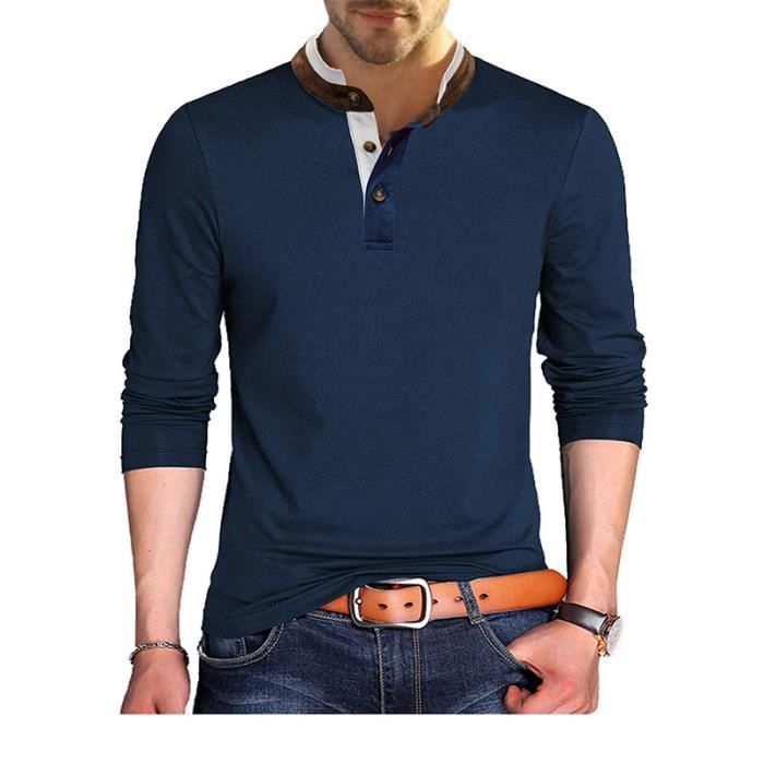 T Shirt Homme Manches Longues Slim Fit Polo Elegant Couleur Unie