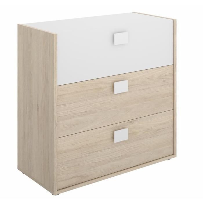 Commode Meuble de rangement coloris chêne-blanc - Longueur 80 x Hauteur 81 x Profondeur 43 cm Commode Meuble de rangement coloris chêne-blanc - Longueur 80 x Hauteur 81 x Profondeur 43 cm