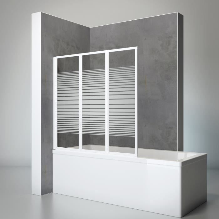 Pare-baignoire à coller 127x120 cm, paroi de baignoire 3 volets pliants, verre décor rayures, profilé blanc, Schulte
