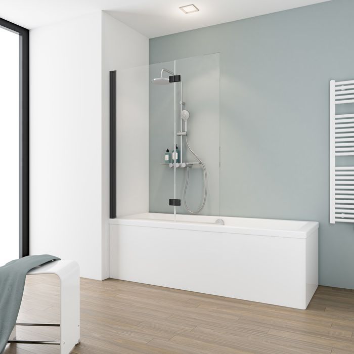 Schulte pare-baignoire 104x130 cm réversible écran pliant rabattable 2 volets pivotants verre 5mm transparent noir Komfort
