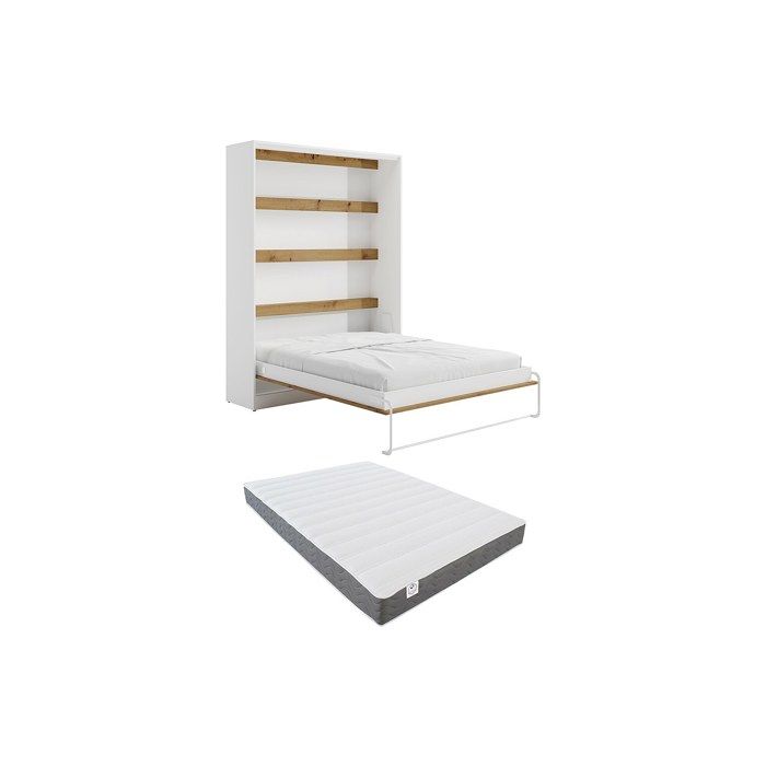 Lit escamotable 160 x 200 cm - Ouverture verticale manuelle - Avec LEDs - Blanc et Naturel + Matelas - RAPILI