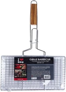 Grille Barbecue Double RUECAB 40x30cm - Pieds Inox, Poignée Bois Acacia, Acier Chromé
