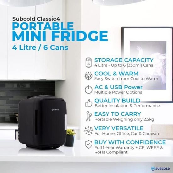 Subcold Mini Frigo Classic4 - Refroidit et réchauffe, 4 litres / 6  Canettes 330ml, 220V/USB