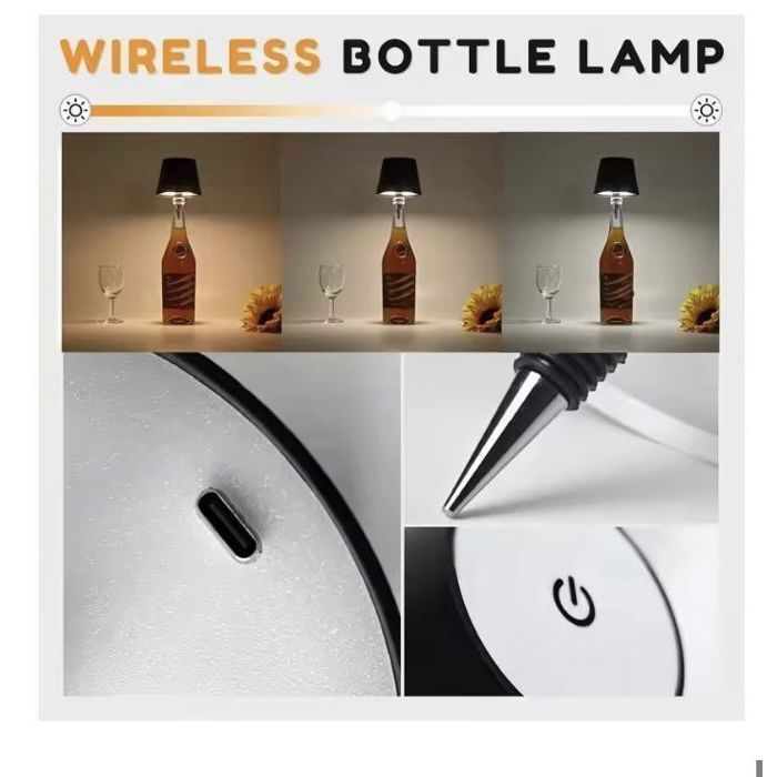 Embout Lampe à Bouteille LED Rechargeable Dimmable 3 Couleurs - Lampe Sans Fil Pour Intérieur Extérieur