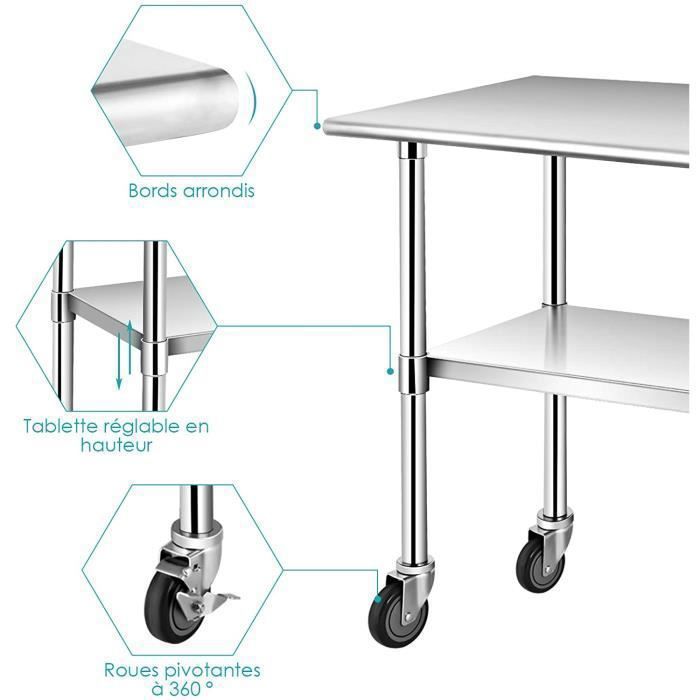 Table De Travail En Inox Avec 2 étagères - 91.5x61x90 Cm, Charge Max 250 Kg | Pour Cuisine, Atelier, Garage - 9
