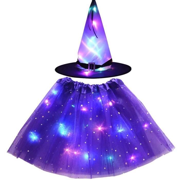 Déguisement Sorcière Fille Avec Lumières LED – Robe Tutu, Chapeau Et Baguette Pour Halloween – Tailles 100 à 130