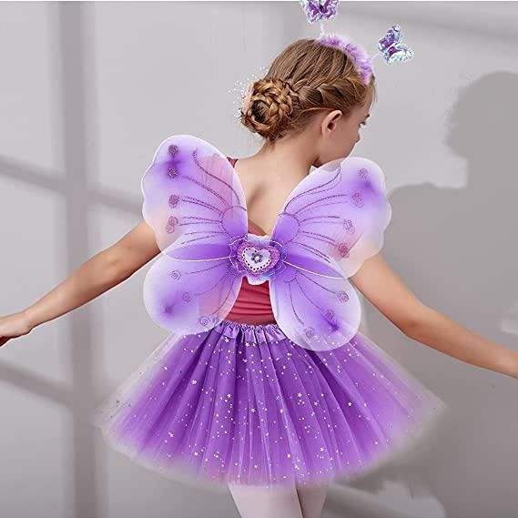 Déguisement Papillon Fille 4 Pièces - Ailes, Jupe, Bandeau, Baguette, Pour 3 à 8 Ans