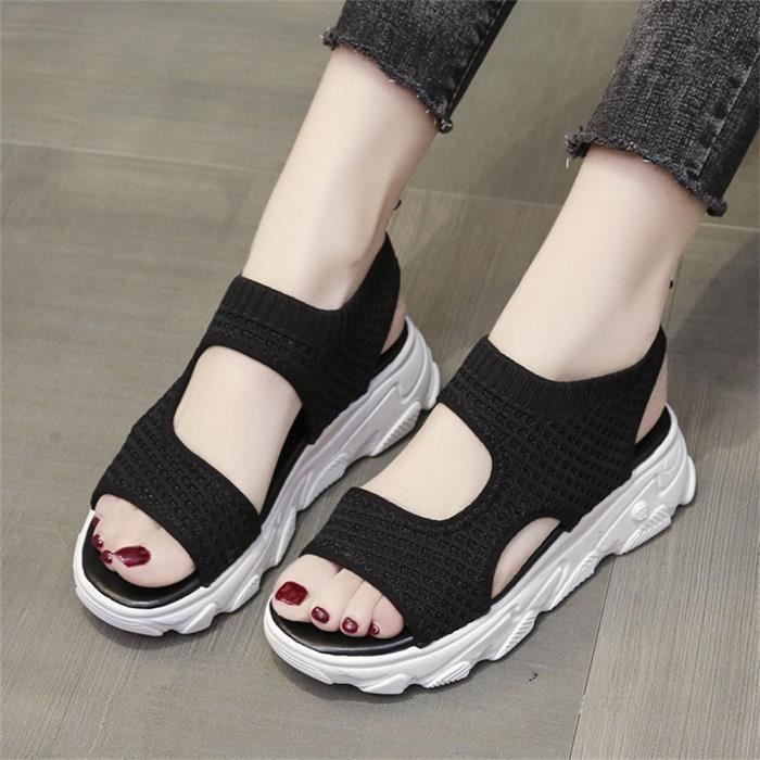 Sandales Compensees Pour Femmes Ete Sandale Plateforme Chaussures Bout Ouvert Chaussure Tricot maille Confort de Plage Sport noir Noir Cdiscount Chaussures