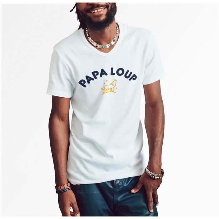 T shirt Homme Col V Papa Loup Famille Mignon Animal