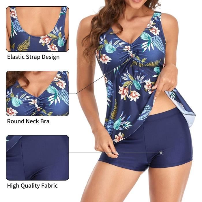 Maillot de Bain Femme 2 Pieces Couverture Complete Gainant Ventre Plat avec Taille Haute Short et Rembourre Bustier pour Plage Marine Bleu Cdiscount Pret a Porter