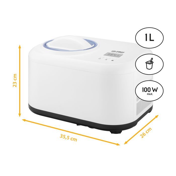 Machine à Glace First Austria 1,5L Avec Compresseur | Bac Inox Amovible | Programmes Glace, Yaourt, Maintien Froid | Écran LCD