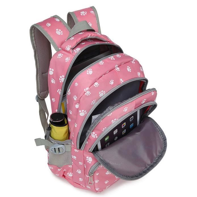 Sac a Dos en Nylon College Fille 2 Compartiments Sac d Ecole Loisir Lycee Cartable Sac a Dos Ordinateur Portable Sac de Sport Rose