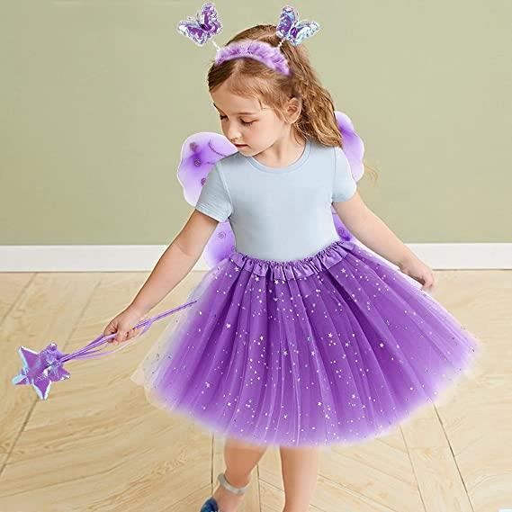 AUYAO Jupe Buste Enfant, 4 Pcs Robe Princesse Fille Avec Ailes De Papillon, Couronne, Jupe Tutu Et Baguette Magique, Robe De Soirée, Déguisements Cosplay, Déguisement Carnaval Noël Cosplay
